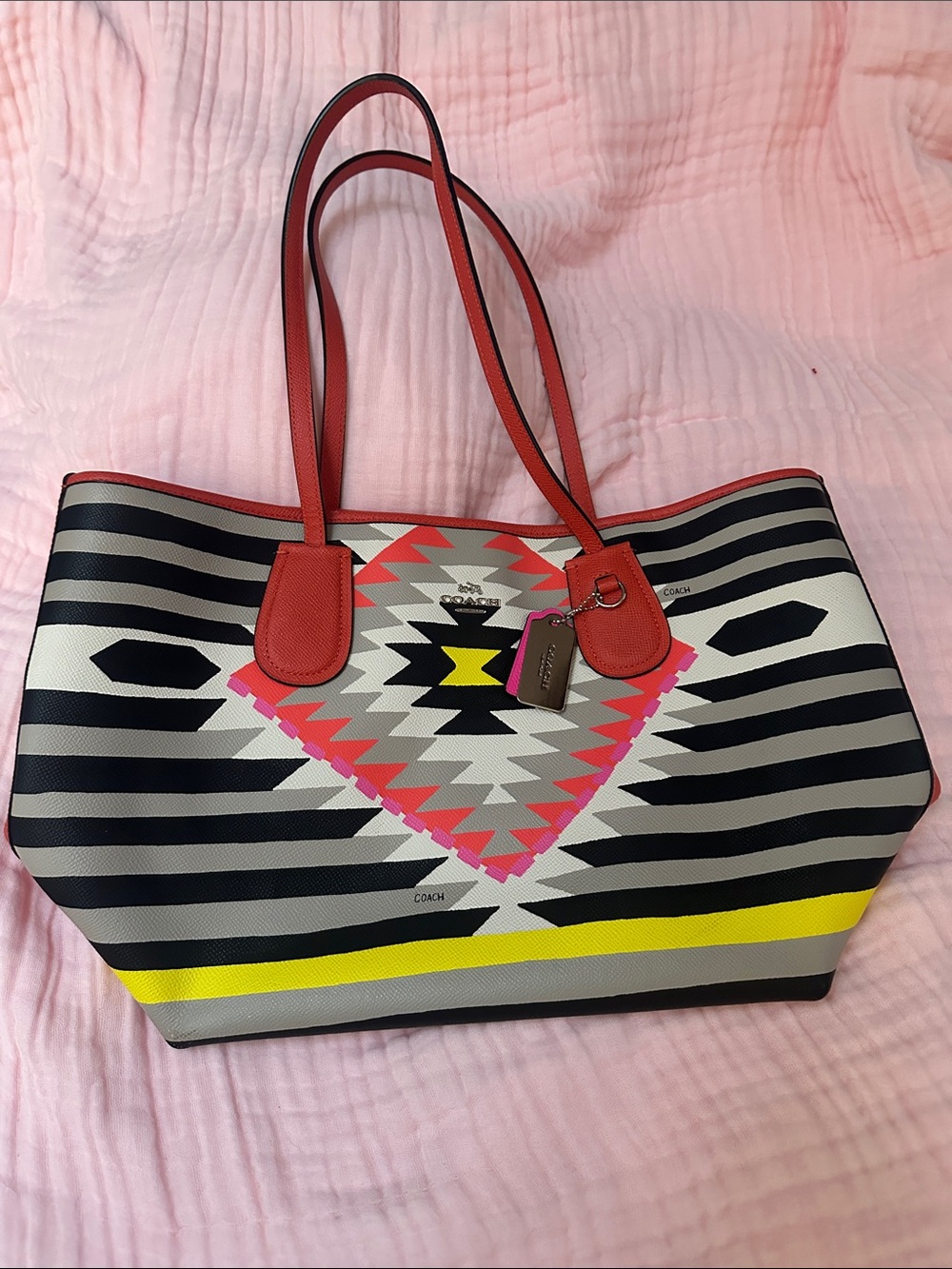 Coach Coachella Black & White Aztec Stripe Tote with Pink and Yellow Accents